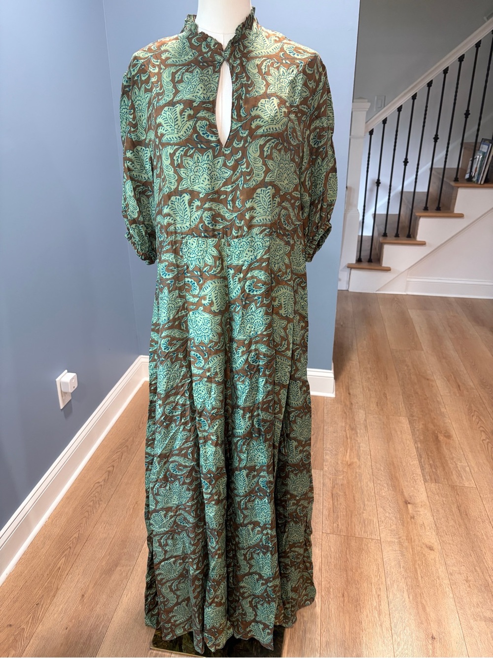 Hannah Artwear Oceanus Printed Silk Maxi Dress Green Brown Floral Size 1
